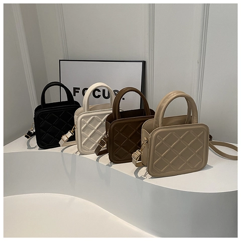 Women Quilted Crossbody Bag PU Leather Small Square Handbag With Top Handle Adjustable Shoulder Strap Daily Purse
