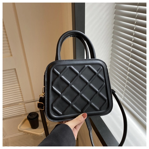 Women Quilted Crossbody Bag PU Leather Small Square Handbag With Top Handle Adjustable Shoulder Strap Daily Purse