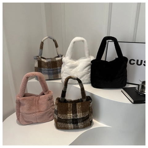 Bolso de Mano de Piel Artificial de Felpa Estilo Coreano Cuadros Tablero de Ajedrez Axila Bolso de Hombro Minimalista Invierno Cálido Bolso Mujer