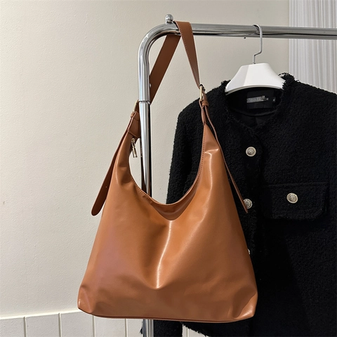 Bolso Hobo Retro de Cuero PU para Mujer Gran Capacidad Minimalista Color Sólido Bolso de Hombro Versátil Tote Bandolera