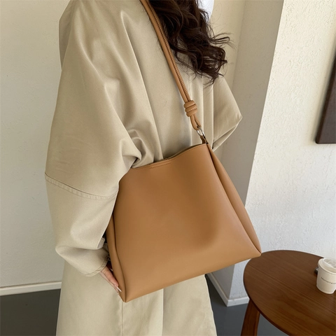 Bolso Tote de Cuero PU Minimalista para Mujer Gran Capacidad Vintage Color Sólido Bolso de Hombro Con Asa de Nudo Cierre Magnético