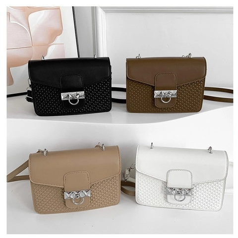 Bolso Bandolera para Mujer de Cuero PU con Textura Tejida de Retazos Bolso Cuadrado Pequeño con Anillo Plateado Remache
