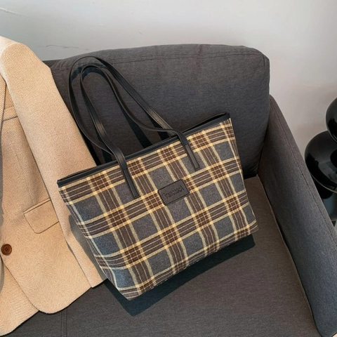 Vintage Große Kapazität Karo Wollstoff Tote Bag Für Damen Fashion Urban Minimalistisch Schulter Crossbody Tasche Reißverschluss