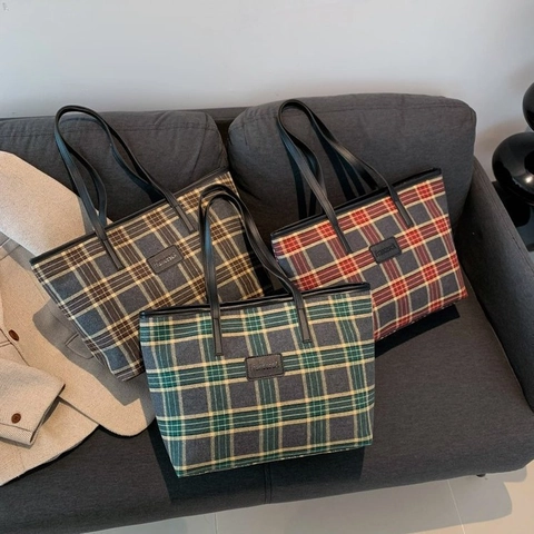 Vintage Große Kapazität Karo Wollstoff Tote Bag Für Damen Fashion Urban Minimalistisch Schulter Crossbody Tasche Reißverschluss