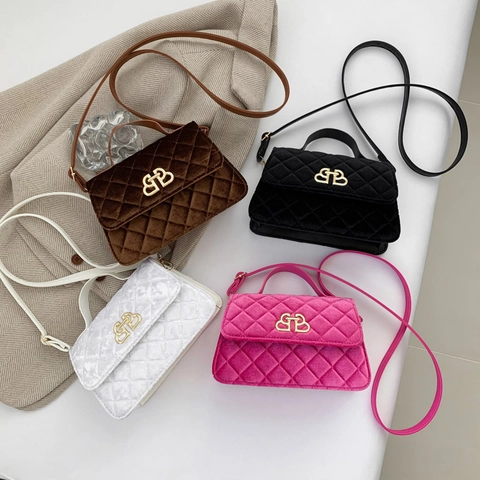 Retro Rauten Gesteppte Samt Umhängetasche Für Damen Luxus PU Handtasche Mit Gold Metall Schnalle Kleine Quadratische Tasche