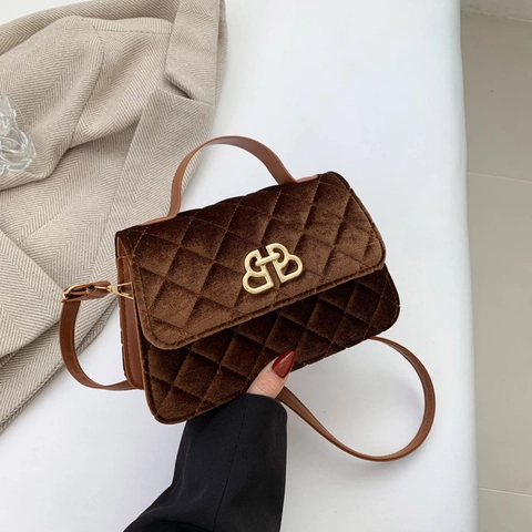 Retro Rauten Gesteppte Samt Umhängetasche Für Damen Luxus PU Handtasche Mit Gold Metall Schnalle Kleine Quadratische Tasche