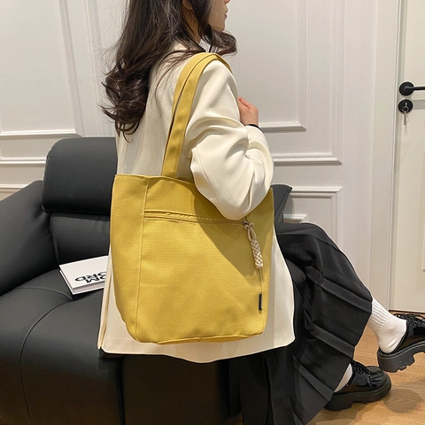 Sac Cabas en Toile de Grande Capacité pour Femmes Décontracté Sac Bandoulière Avec Poche Zippée Sac à Main Quotidien Blanc Noir Jaune