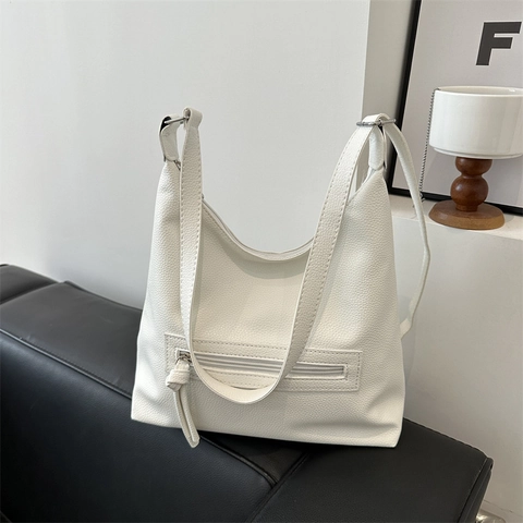 Borsa a Spalla in Pelle Poliuretano Trama Litchi Minimalista per Donna Borsa Tote Sottobraccio alla Moda con Nappina Casual da Pendolare
