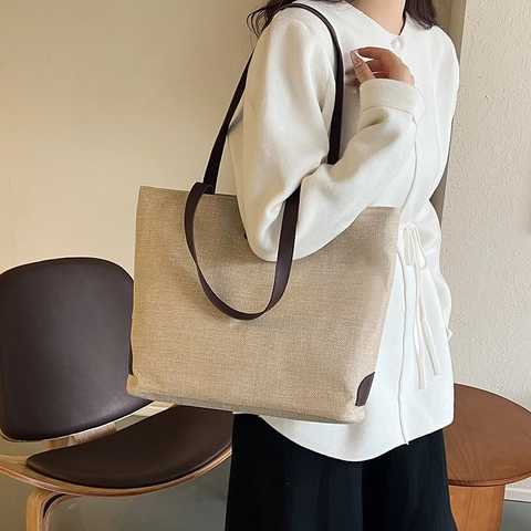 Bolso Tote Minimalista de Nailon para Mujer Gran Capacidad Color Contraste Patchwork Bolso de Hombro Casual Viaje Trabajo