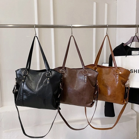 Bolso Tote de Cuero PU de Gran Capacidad para Mujer Vintage Color Sólido Bolso de Hombro Cruzado Bolso de Oficina