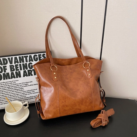 Bolso Tote de Cuero PU de Gran Capacidad para Mujer Vintage Color Sólido Bolso de Hombro Cruzado Bolso de Oficina