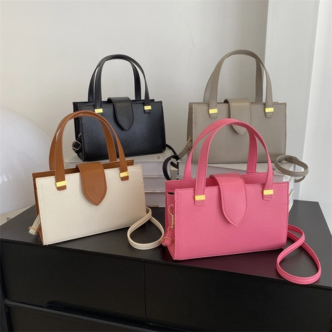 Bolso Bandolera de Cuero PU con Textura de Lichi de Moda para Mujer Bolso de Mano Moderno con Bloques de Color Bolso de Hombro Cuadrado Pequeño Casual Bolso Diario