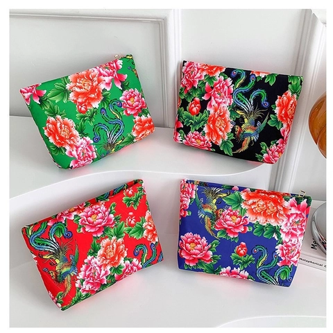 Dames Etnische Stijl Nylon Bedrukte Handtas Pioen Feniks Patroon Cosmetische Tas Retro Casual Clutch Schoudertas Met Rits