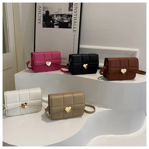 Sac Bandoulière Carré Matelassé pour Femme Mode Sac à Épaule en Cuir PU Avec Fermoir Coeur Motif à Carreaux