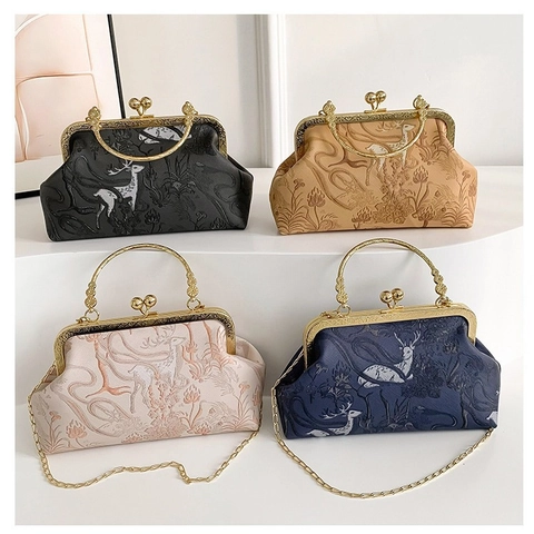 Vintage Damen Kiss-Lock Handtasche Blumen Hirsch Druck PU Leder Umhängetasche Mit Kette Retro Metallrahmen Crossbody Handtasche