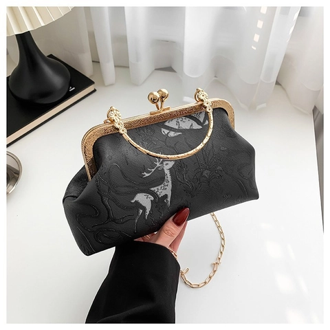 Vintage Damen Kiss-Lock Handtasche Blumen Hirsch Druck PU Leder Umhängetasche Mit Kette Retro Metallrahmen Crossbody Handtasche