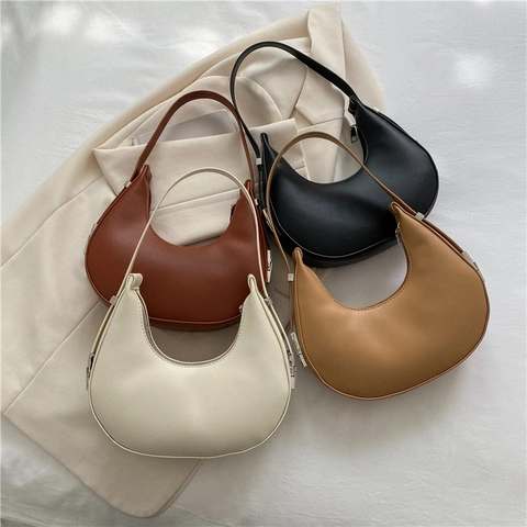 Vintage PU Leather Crescent Underarm Bag For Women Minimalist Solid Color Stitching Small Shoulder Hobo Bag Fashion Handbag