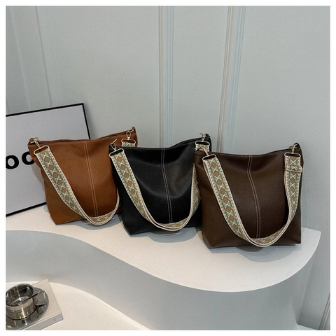 Vintage PU Leren Emmer Tas Voor Dames Retro Lychee Textuur Crossbody Tas Met Geometrisch Patroon Brede Schouderband Tas