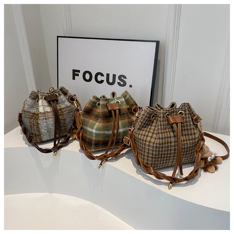 Bolso de Cubo de Lana a Cuadros Vintage para Mujer Retro Cordón Bolso Bandolera Con Asa Tejida Otoño Invierno Tweed