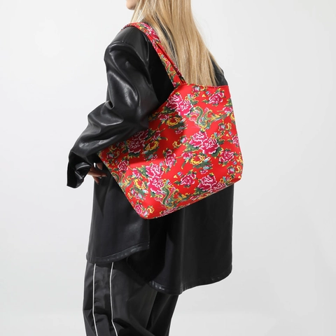 Women Large Capacity Tote Bag Ethnic Peony Floral Print Nylon Shoulder Bag Retro Commuter Fashion Travel Handbag
