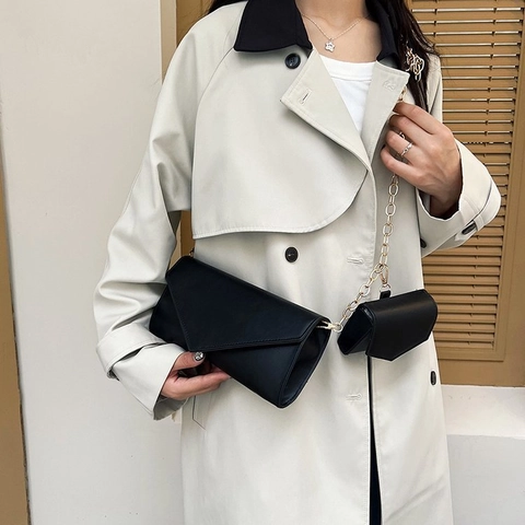 Women's Fashion PU Leather Envelope Shoulder Bag And Mini Pouch With Metal Chain Strap Minimalist Solid Color Crossbody Bag