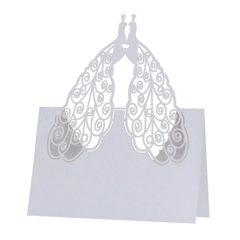 Segnaposto Traforati a Forma di Cuore e Pavone Taglio Laser per Decorazione Tavolo Banchetto Nuziale Carta Perlata