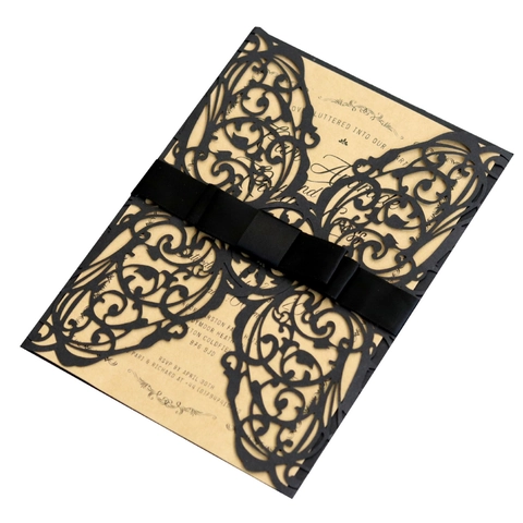 Laser Cut Butterfly Wedding Invitation Cards Set With Envelopes Ribbons Pearl Paper Hollow Out Greeting Cards Party