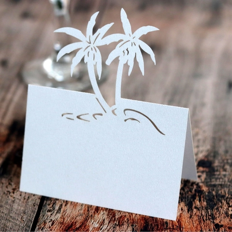 Laser Cut Coconut Tree Wedding Place Cards Tropical Palm Tree Name Cards For Banquet Party Decorations Pearl Paper Seat Card