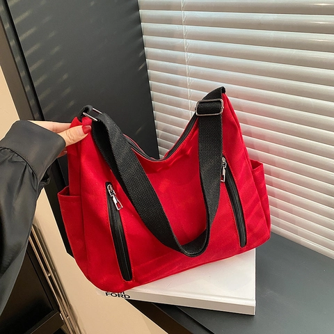 Damen Große Kapazität Segeltuch Umhängetasche Urban Einfach Shopper Tasche Mit Doppelten Reißverschlüssen Vorne Mehrfachtaschen Schultertasche