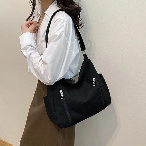 Damen Große Kapazität Segeltuch Umhängetasche Urban Einfach Shopper Tasche Mit Doppelten Reißverschlüssen Vorne Mehrfachtaschen Schultertasche