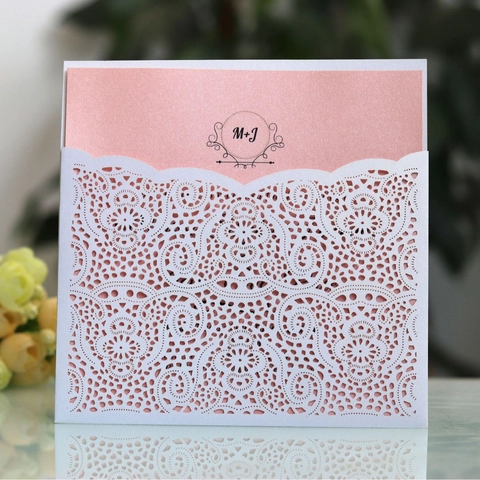 Eleganti Biglietti d'Invito per Matrimonio a Taglio Laser Carta Perlata Intagliata Pizzo Floreale per Celebrazione Matrimoniale