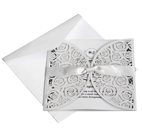 Invitations de Mariage Style Européen Découpé au Laser Forme Rose Avec Nœud en Ruban Papier Perlé Cartes de Vœux pour Mariage et Fêtes