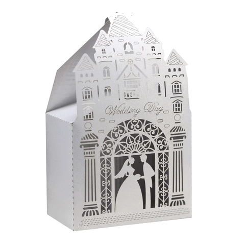 Scatola di Caramelle per Matrimonio in Carta Perlata Taglio Laser Europeo Forma di Castello Silhouette Sposi Scatola Regalo