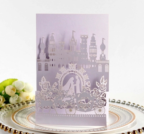 Luxury 3D Laser Cut Wedding Invitation Card Pearlescent Paper European Style Castle Horse Carriage Invitations For Marriage