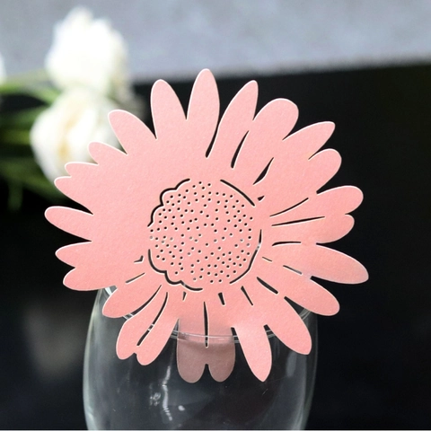 Laser Cut Flower Wine Glass Name Place Cards Hollow Daisy Sunflower Shape Pearl Paper Cup Card For Wedding Party Decoration