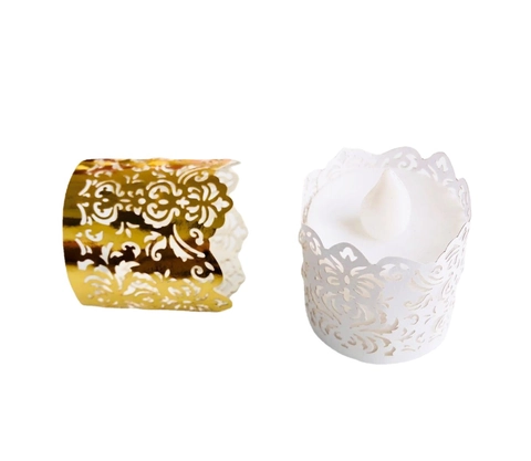 Laser Cut Paper Candle Wraps Reflective Gold Hollow Floral LED Tea Light Lampshade For Wedding Party Christmas Table Decor