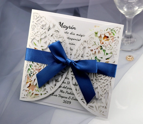 Elegant Laser Cut Wedding Invitation Cards With Blue Satin Ribbon Bow Hollow Rose Flower Pearl Paper Greeting Cards