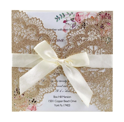 Invitations de Mariage de Luxe Découpe Laser Style Européen Paillettes Dentelle Florale Avec Nœud en Satin pour Fête