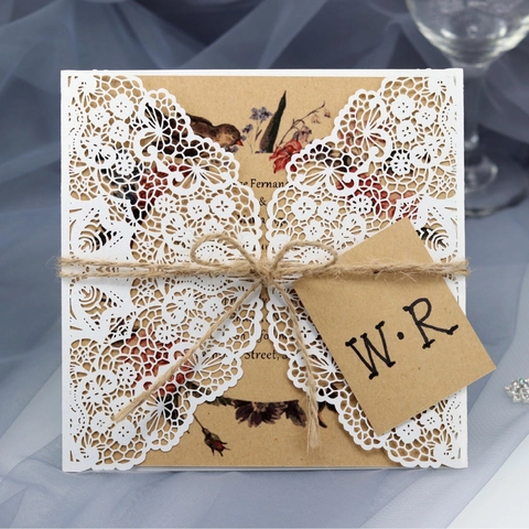 Elegante Laserschnitt Hochzeit Einladungskarten Mit Spitzenhülle Kraftpapier Einlage Hanfseil Für Hochzeitsfeier Events