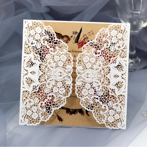 Elegante Laserschnitt Hochzeit Einladungskarten Mit Spitzenhülle Kraftpapier Einlage Hanfseil Für Hochzeitsfeier Events
