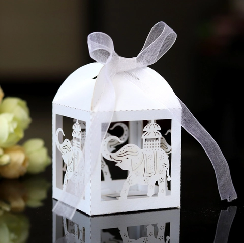 Elefant Ausgehöhlt Lasergeschnitten Perlmuttpapier Süßigkeitenbox Für Hochzeit Party Geschenkverpackung Box Mit Band Akzenten