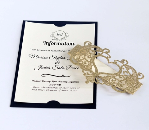 Invitación de Boda Estilo Europeo Corte Láser Papel Perlado Bolsillos Azul Marino Con Banda de Purpurina para Matrimonio Fiesta Banquete Ceremonia