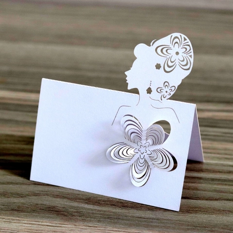 Élégants Marque-places Mariage Découpe Laser Papier Nacré Silhouette Fille Ajourés Cartes de Nom pour Table de Fête