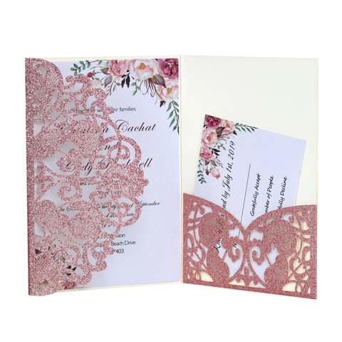 Laser Geschnittene Hochzeits Einladungskarten Glitzer Perlmuttpapier Blumen Hohl Design Mit Umschlägen Für Bankett Feier Party