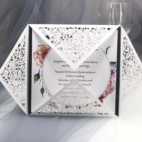 Inviti di Nozze Tagliati al Laser Biglietti di Auguri di Compleanno Floreali Cavi Carta Perlata Eleganti Inviti per Festa