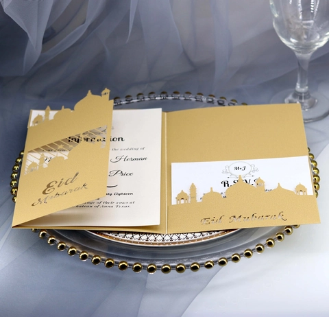 Eleganti Biglietti d'Invito per Matrimonio Taglio Laser Con Design a Svuotato Moschea Luna Stella Carte di Carta Perlacea