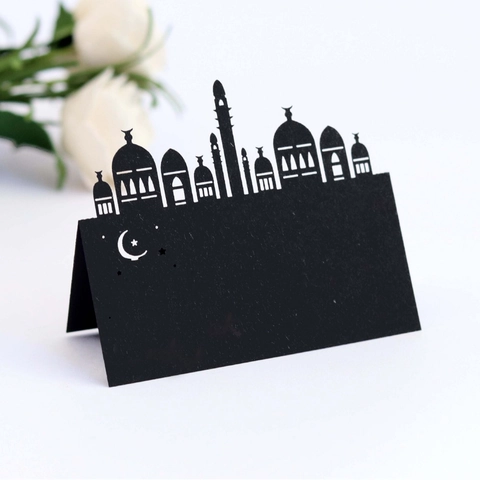 Islamic Mosque Laser Cut Place Cards For Ramadan Eid Mubarak Table Decoration Elegant Pearl Paper Seat Name Cards For Wedding