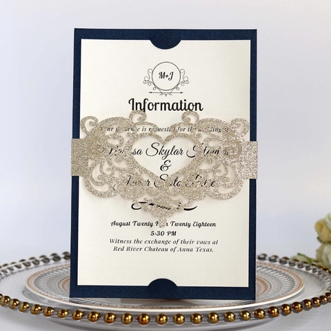 Invitación de Boda Estilo Europeo Corte Láser Papel Perlado Bolsillos Azul Marino Con Banda de Purpurina para Matrimonio Fiesta Banquete Ceremonia