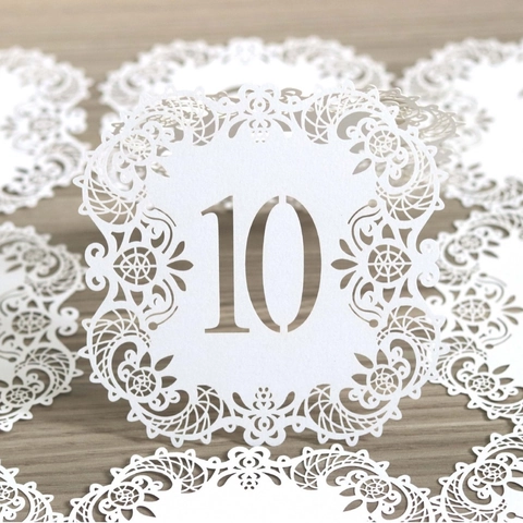 Laser Cut Lace Flower Wedding Table Number Cards Pearlescent Paper Hollow Seat Cards For Reception Banquet Party Table Decor