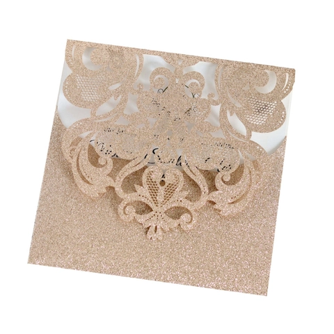 Laser Cut Glitter Wedding Invitations Pearlescent Paper Hollow Rose Gold Invitation Cards For Wedding Birthday Party Ceremony